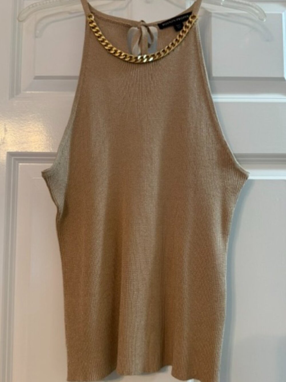 Boston Proper, NWOT, Gold Sweater top with gold chain neckline, Size L